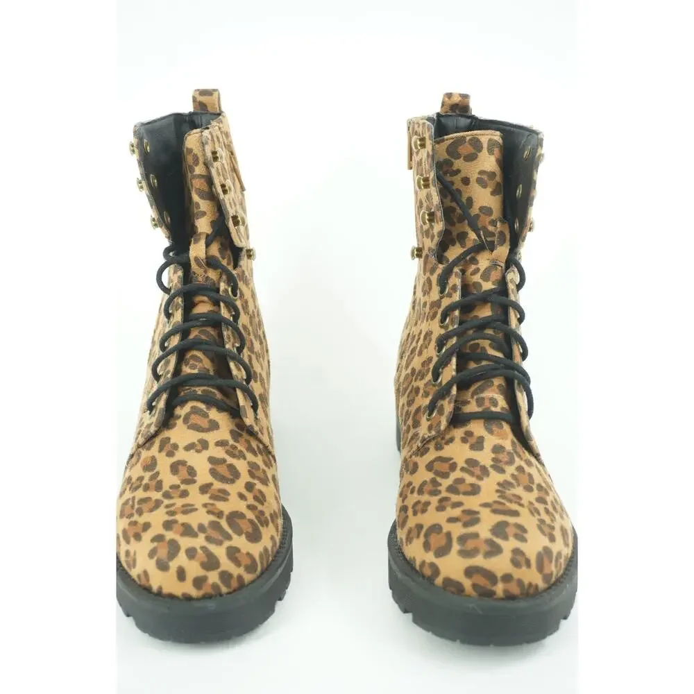 Mia Miki Combat Leopard Print Lug Ankle Boots Size 6.5 Zip Lace Up Brown